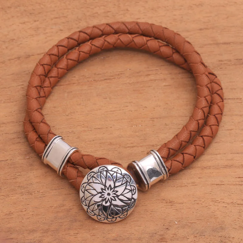 ---Lotus Leather Accent Sterling Silver Bracelet with Lotus Pendant