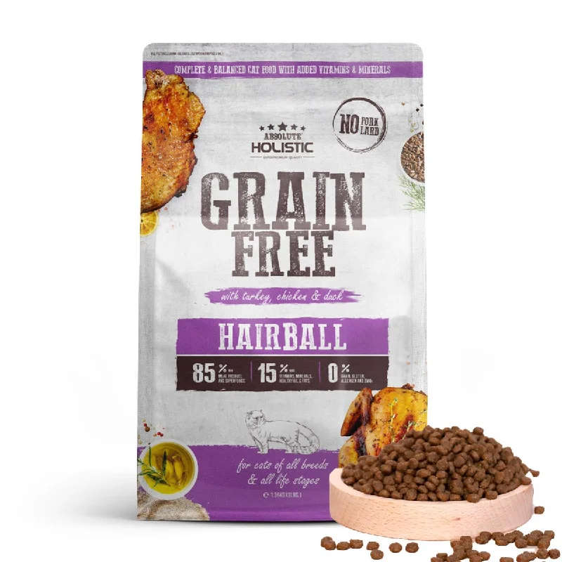    - Indoor cat food  Absolute Holistic Grain Free Dry Cat Food -  Hairball (3lbs)