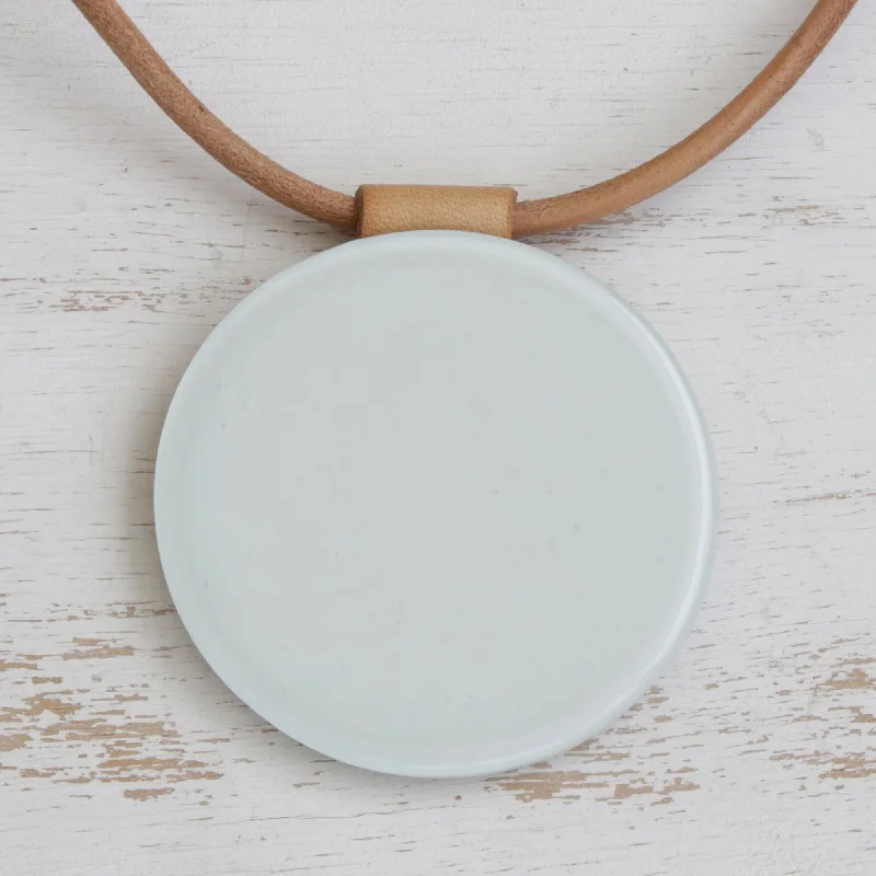 - Car dog seat beltRising Moon White Art Glass Disc Pendant Brown Leather Cord Necklace - Car dog seat beltRising Moon White Art Glass Disc Pendant Brown Leather Cord Necklace