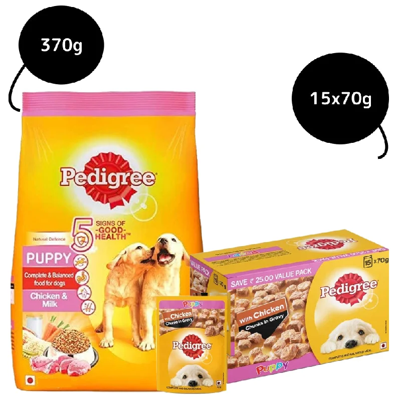  -Splash-proof food bowl AND Anti-choking slow food bowlPedigree Chicken Chunks in Gravy Pouch Puppy Wet Food and Chicken & Milk Puppy Dry Food Combo