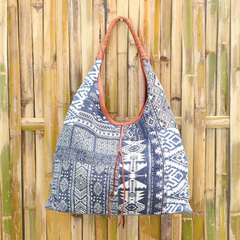 Pet ProductsLapis Geometry Leather Accent Cotton Blend Hobo Bag in Lapis and White